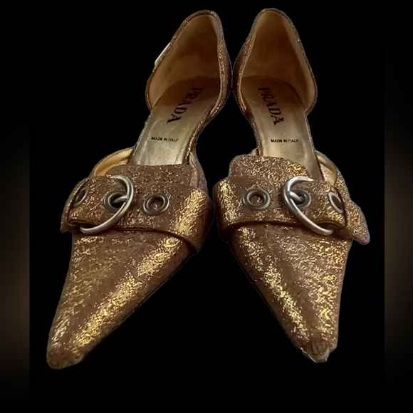 PRADA Shoes 8 Gold Brocade Flats / Kitten Heel - Picture 8 of 14